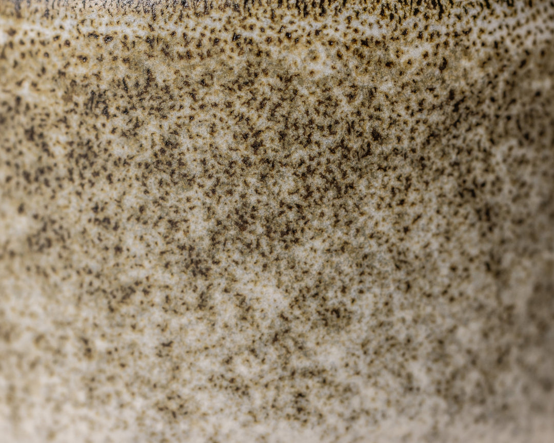 Gedetailleerde textuur van Mimo Homeware Broken Shells koffiekop in bruin, wit en beige.