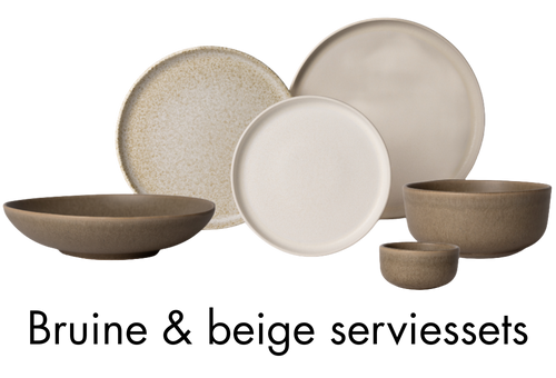 Bruine en beige serviesset van Mimo Homeware, minimalistisch servies in natuurlijke, aardse kleuren.
